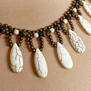 Boho Beaded Necklace White Teardrop Stone Bells Adjustable Choker